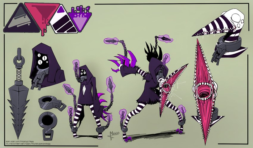 2_mouths beak chain claws cuff_(restraint) feet hood hooded_cloak inner_mouth knife kunai long_claws long_snout magic monster_form multi_eye multi_mouth open_mouth restraints shackles sharp_teeth snout stripes talons teeth text toes weapon masterzoroark666 monster hi_res model_sheet url