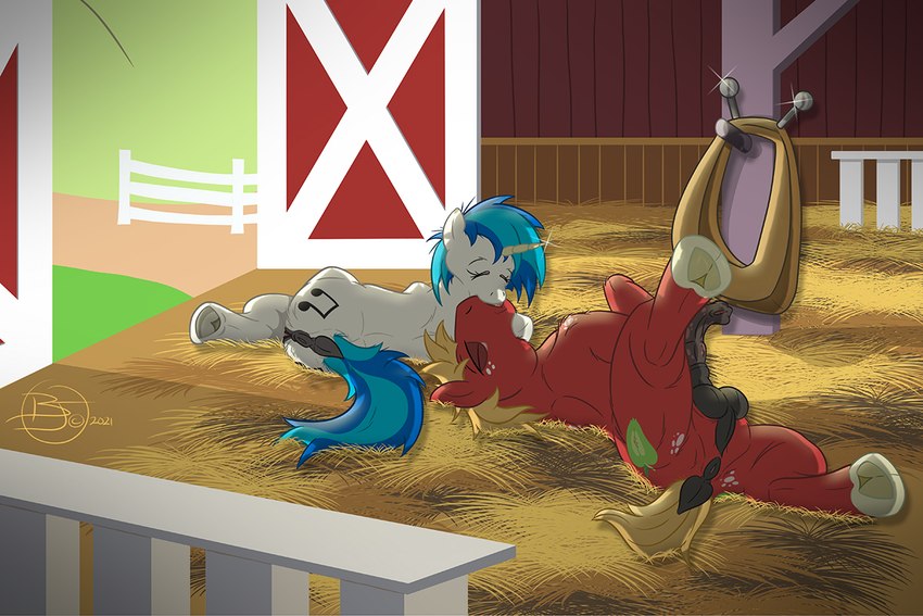 anus balls barn duo female feral genitals half-erect kissing lying male male/female on_side penis perineum pussy semi-anthro side_view sherwood friendship_is_magic hasbro my_little_pony big_macintosh_(mlp) vinyl_scratch_(mlp) 3:2