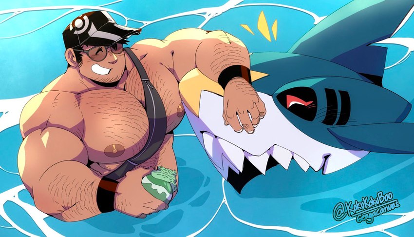 big_pecs black_hair blue_body body_hair clothed clothing duo eyes_closed eyewear glasses hair male muscular muscular_male nipples partially_submerged pecs poke_puff sharp_teeth smile teeth topless water kokukokuboo nintendo pokemon generation_3_pokemon human mammal pokemon_(species) sharpedo