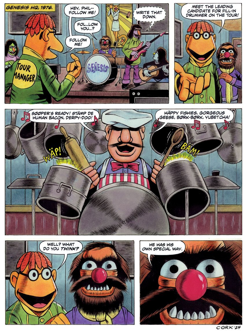 4_fingers 5_fingers acoustic_guitar anthro apron balding beard big_nose blonde_hair blue_body blue_skin bow_tie brown_beard brown_facial_hair brown_hair brown_mustache chef_hat clothing cookware dialogue door dreadlocks dress drum drumstick_(musical) electric_guitar eyebrows eyewear facial_hair female fingers frying_pan glasses gold_(metal) gold_tooth green_body green_clothing green_jacket green_skin green_topwear group guitar hair hat headgear headwear humor jacket kitchen_utensils lips long_hair male musical_instrument musical_note musical_symbol mustache noseless onomatopoeia orange_body orange_nose parody percussion_instrument plucked_string_instrument poster pots pun purple_body purple_clothing purple_skin purple_sweater purple_topwear red_hair red_nose rolling_pin scarf sound_effects speech_bubble string_instrument sweater symbol text thick_lips tools topwear unibrow white_board white_clothing white_dress wooden_spoon yellow_body yellow_nose bruce_mccorkindale genesis_(band) muppets the_muppet_show animal_(muppets) dr._teeth floyd_pepper janice_(muppets) lips_(muppets) scooter_(muppets) the_swedish_chef zoot_(muppets) humanoid monster muppet 2024 comic crossover english_text hi_res mixed_media signature