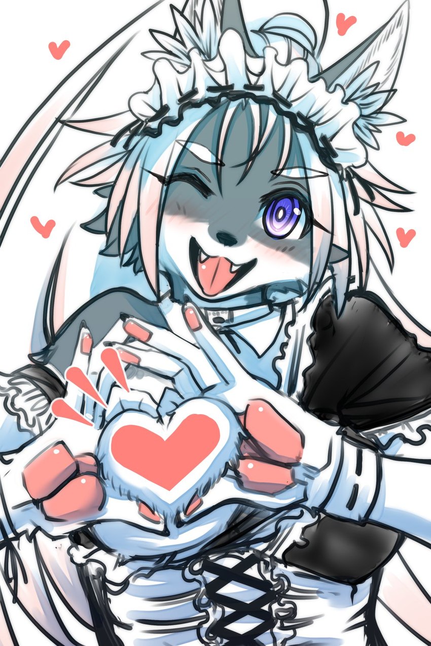 5_fingers anthro black_nose breasts cheek_tuft claws clothed clothing eyelashes facial_tuft fangs female female_anthro fingers fur gesture grey_body grey_fur hair headgear headwear heart_symbol inner_ear_fluff kemono long_hair looking_at_viewer maid_uniform one_eye_closed open_mouth pawpads pink_pawpads pink_tongue ponytail purple_eyes simple_background smile solo teeth tongue topwear tuft uniform white_body white_fur white_hair wink winking_at_viewer ookamiwaho okami_bark canid canine canis mammal wolf 2:3 censored digital_media_(artwork) hi_res