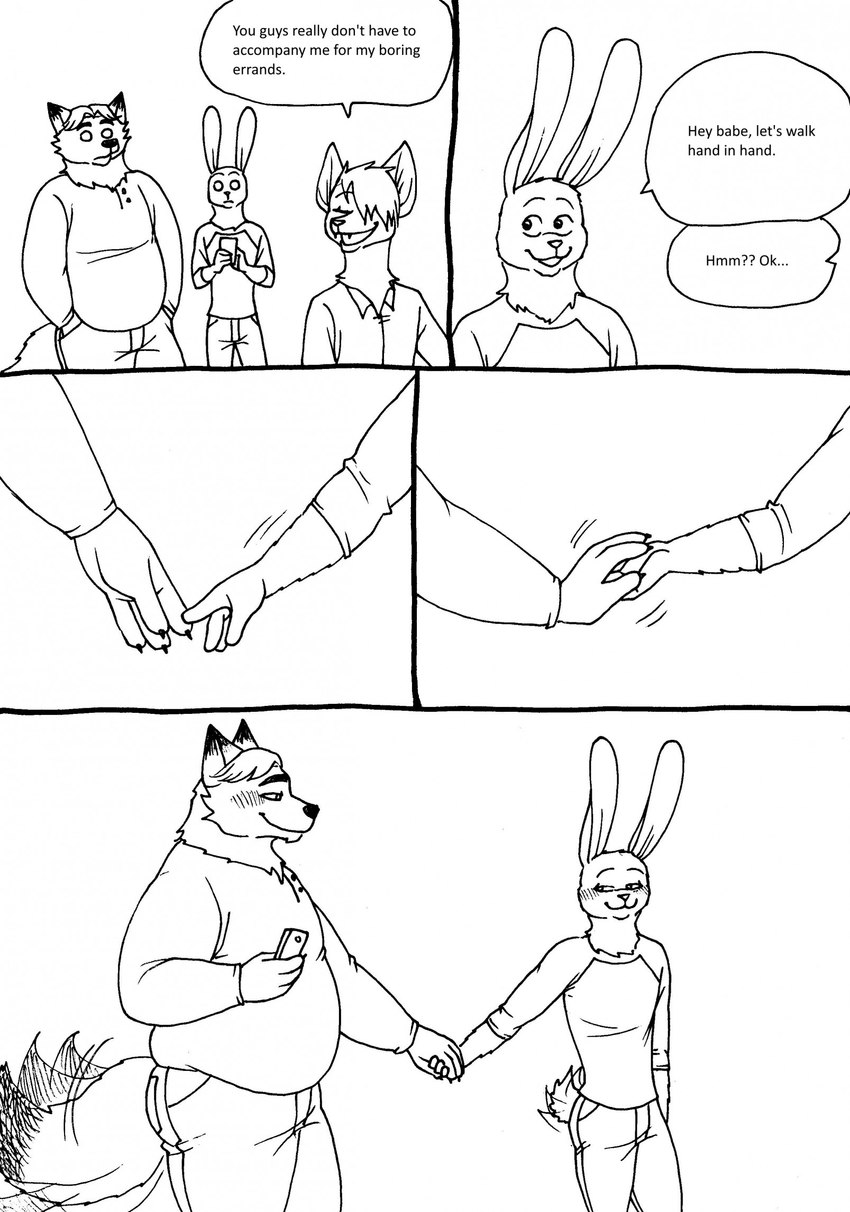 anthro belly blush bottomwear cellphone clothing dialogue electronics hand_holding male male/male overweight overweight_male pants phone shirt smartphone tail tail_motion tailwag text topwear bernielover disney zootopia fan_character gideon_grey nate_hopps canid canine fox lagomorph leporid mammal rabbit red_fox true_fox 2023 comic english_text hi_res monochrome