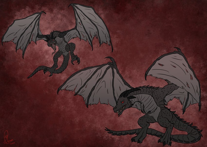 duo female feral flying horn male mammalian_breasts notched_wings red_eyes scales spiked_tail spikes spikes_(anatomy) tail wings yenocwolf european_mythology mythology secrets_of_uncrom uncrom nestra dragon mythological_creature mythological_scalie scalie visha western_dragon wyvern absurd_res concept_art hi_res