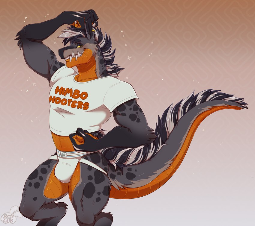 anthro bulge clothing fur grey_body grey_fur jockstrap male markings orange_body orange_scales scales sharp_teeth shirt smile solo spots spotted_body spotted_fur t-shirt teeth topwear underwear uniform ventral_scales yellow_eyes kidcub himbo_hooters saleos crocodilian hybrid hyena mammal reptile scalie hi_res