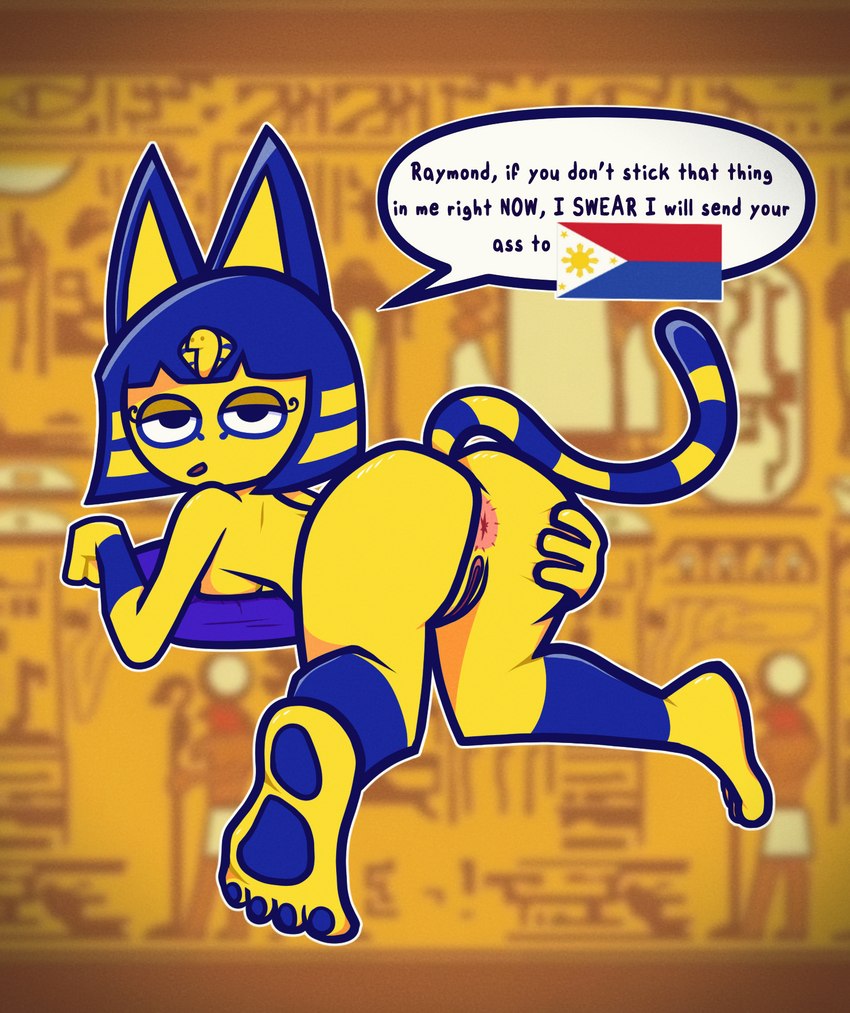 annoyed anthro anus breasts butt covered_breasts feet female genitals half-closed_eyes narrowed_eyes paw_pose pawpads philippine_flag pillow pose presenting presenting_anus presenting_hindquarters pussy solo speech_bubble spread_anus spread_butt spread_legs spreading tail text liquefiedram animal_crossing nintendo ankha_(animal_crossing) domestic_cat felid feline felis mammal english_text hi_res