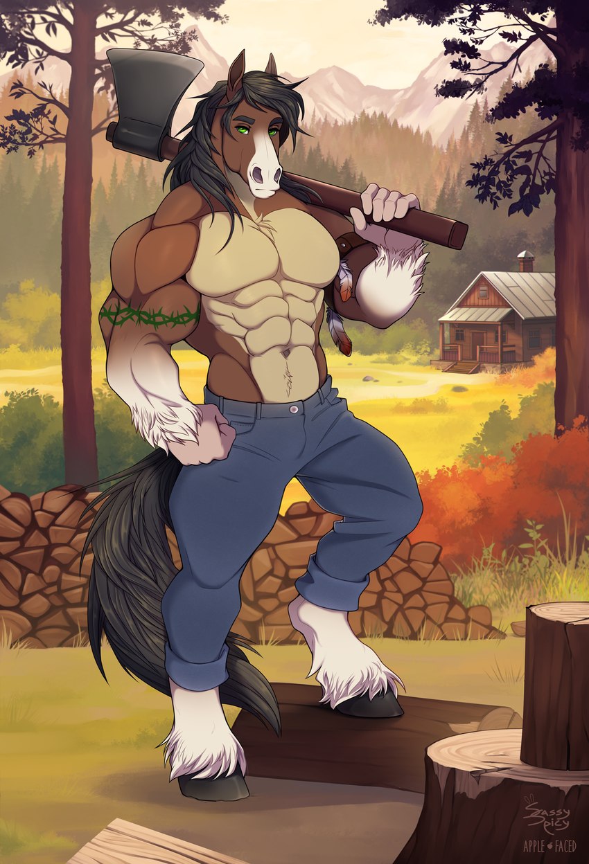 5_fingers abs anthro axe biceps biped bottomwear brown_body clothed clothing countershade_torso countershading deltoids eyebrows feathering fingers fur green_eyes holding_axe holding_object hooves male male_anthro muscular muscular_anthro muscular_male pants pecs plant solo tail topless topless_anthro topless_male tree triceps unguligrade apple-faced sassyspicy damienmagic draft_horse equid equine horse mammal shire artist_collaboration hi_res