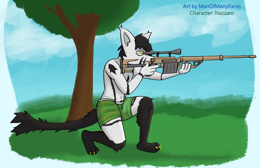 aiming anthro arm_tuft black_hair black_tail bottomwear camo camo_bottomwear camo_clothing camo_print camo_underwear chest_tuft claws clothed clothing cloud day detailed_background ear_tuft fur grass gun hair inner_ear_fluff knee_tuft kneeling leg_tuft male multicolored_body navel pattern_bottomwear pattern_clothing pattern_underwear plant ranged_weapon rifle sky sniper_rifle solo tail tail_tuft tree tuft two_tone_body underwear underwear_only weapon yellow_claws yellow_eyes manofmanyfaces mythology dragon furred_dragon furred_scalie mythological_creature mythological_scalie scalie wingless_dragon absurd_res hi_res shaded soft_shading