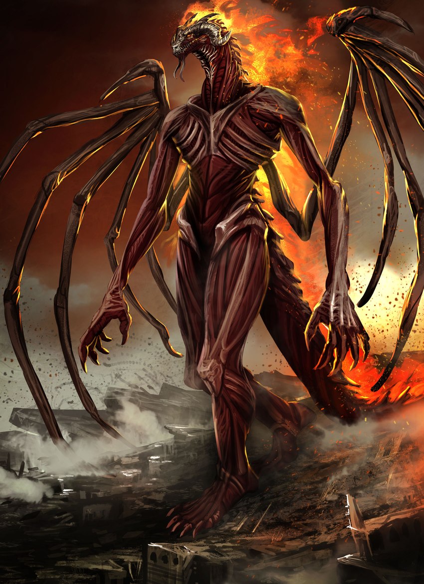 ambiguous_gender anthro anthrofied bone_wings exposed_bone flaming_body glowing glowing_eyes skinless solo standing tail unusual_anatomy unusual_wings walking wings athavan attack_on_titan mythology colossal_titan mergo dragon mythological_creature mythological_scalie reptile scalie titan_(attack_on_titan) absurd_res hi_res