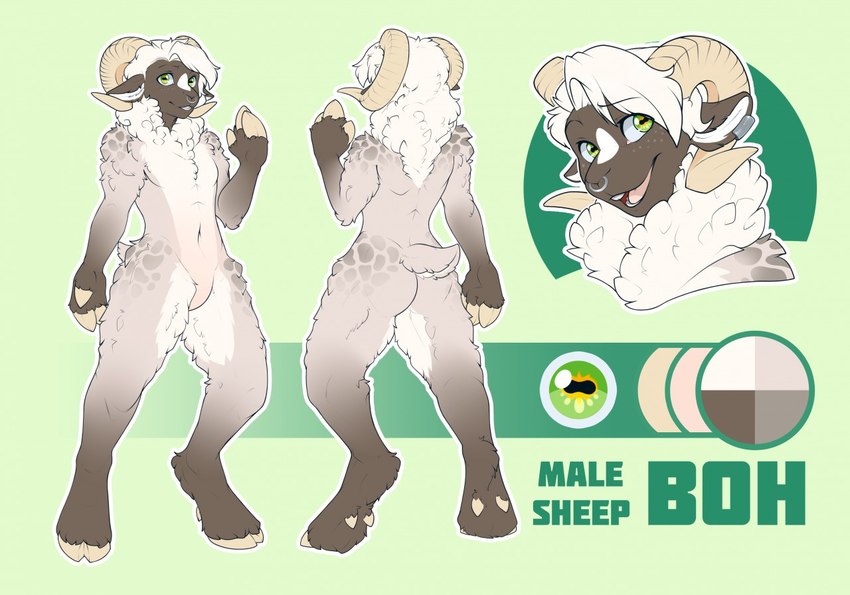 anthro facial_piercing featureless_crotch hair hooves horn male nose_piercing nose_ring open_mouth open_smile piercing ring_piercing short_tail smile solo standing tail text dlw boh_(ambassador_lambchop) boh_caora bovid caprine mammal sheep 2018 english_text model_sheet