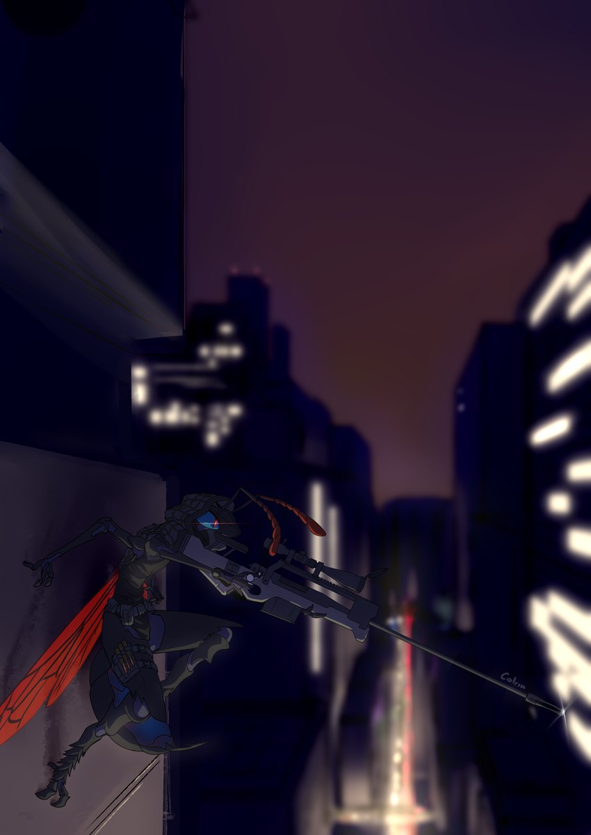 4_arms antennae_(anatomy) anthro arthropod_abdomen belt_pouch bullet city cityscape female gun holding_gun holding_object holding_ranged_weapon holding_rifle holding_weapon hood leg_pouch mandibles multi_arm multi_limb night ranged_weapon rifle sniper_rifle stinger weapon wings colrin_(artist) avi_(colrin) arthropod hymenopteran insect spider_wasp tarantula_hawk_wasp wasp absurd_res hi_res