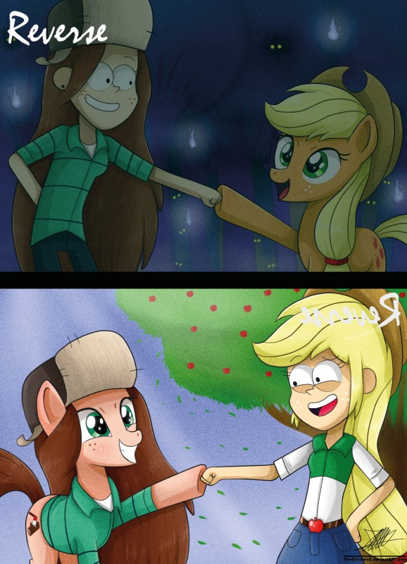 alternate_species blonde_hair brown_hair clothing cutie_mark duo female fist_bump forest freckles gesture glowing glowing_eyes green_eyes hair hat headgear headwear humanized multiple_styles night on_model outside piercing plant ponification style_crossover style_emulation style_swap tree the-butcher-x disney friendship_is_magic gravity_falls hasbro my_little_pony applejack_(mlp) wendy equid equine horse human mammal pony 2015 crossover hi_res