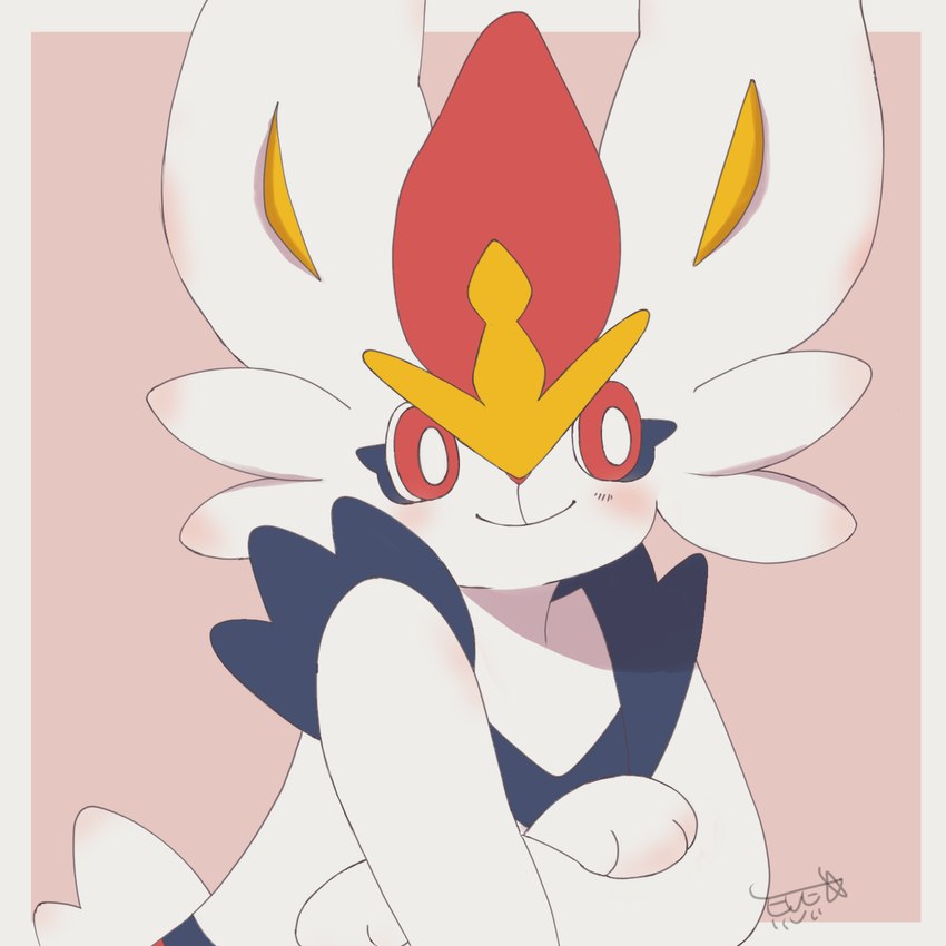 ambiguous_gender anthro arm_support blush crossed_arms fur leaning_on_elbow pink_background red_eyes simple_background smile solo white_body white_fur yellow_inner_ear eve_(artist) nintendo pokemon cinderace generation_8_pokemon pokemon_(species) 1:1 2024 hi_res