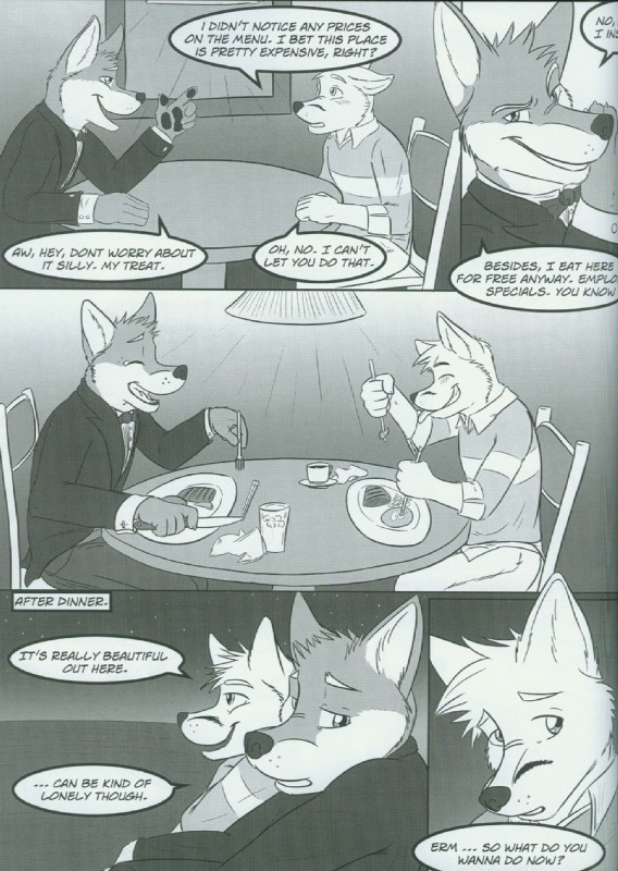 anthro boat dialogue duo eating male text vehicle watercraft fluke motion_of_the_ocean elliot_(fluke) ryan_(fluke) canid canine mammal comic english_text greyscale hi_res monochrome