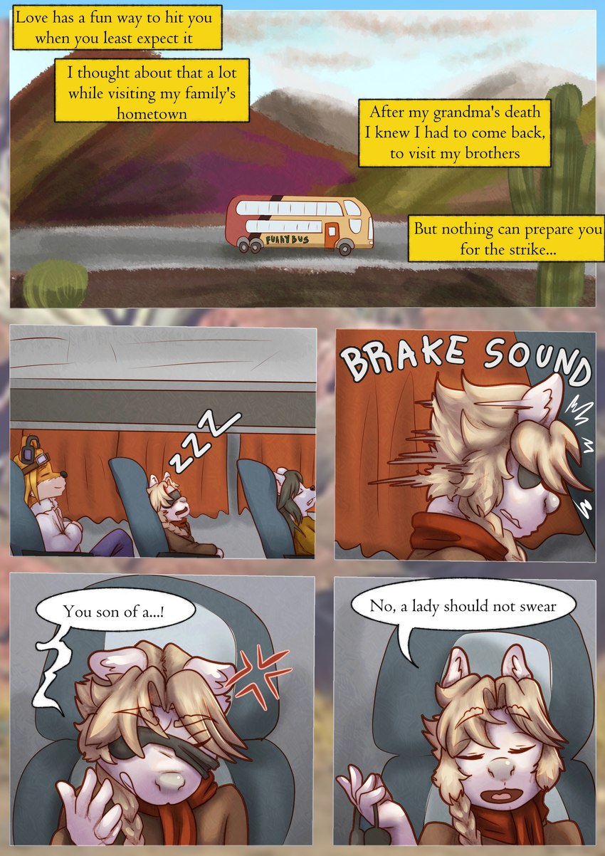 angry anthro braided_hair bus cactus clothed clothing commercial_vehicle cross-popping_vein detailed_background dialogue female hair male mountain plant sleeping text travelling vehicle young liryal hollyann_hoythund tilcara_(liryal) alaskan_klee_kai alpaca camelid canid canine canis domestic_dog fox hybrid mammal spitz wolf absurd_res comic english_text hi_res