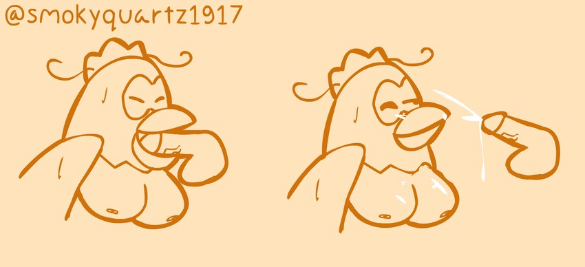 anthro balls bodily_fluids breasts cum female genital_fluids genitals nipples nude penis simple_background smile solo text smokyquartz1917 parappa_the_rapper sony_corporation sony_interactive_entertainment cheap_cheap_the_cooking_chicken avian bird galliform artist_name digital_drawing_(artwork) digital_media_(artwork) english_text hi_res