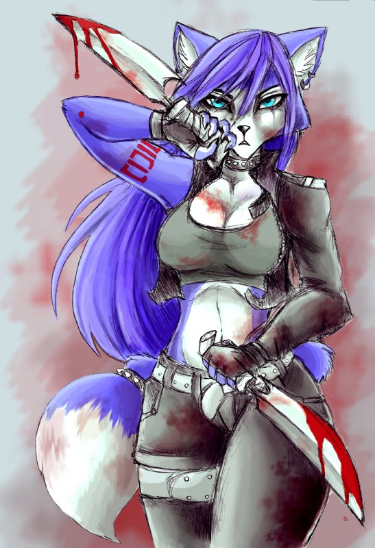 anthro asymmetry belt blood bloodied blue_body blue_fur bodily_fluids bottomwear breasts choker cleavage clothed clothing collar dagger ear_piercing fashionable_asymmetry female fingerless_gloves fur gloves hair handwear jewelry knife long_hair looking_at_viewer melee_weapon midriff necklace one-sleeved_jacket pants piercing scar shirt solo tank_top topwear weapon white_body white_fur zipper naaraskettu nintendo star_fox krystal_(star_fox) kursed_(star_fox) canid canine fox mammal hi_res