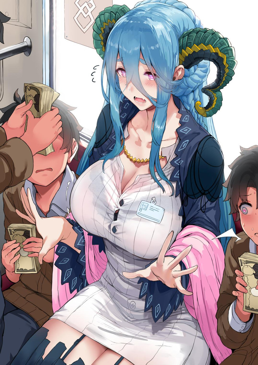 age_difference big_breasts blue_hair bra bra_through_clothing breasts cleavage clothed clothing female group hair horn jewelry male money necklace not_furry older_female translucent translucent_clothing underwear young younger_male hews-hack fate_(series) type-moon tiamat_(fate) horned_humanoid humanoid 2019 hi_res