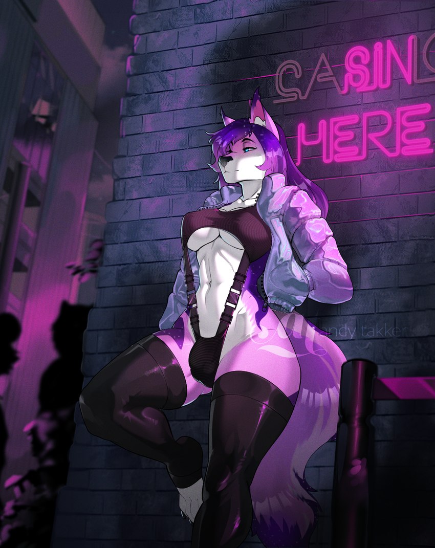 alley anthro breasts bulge city city_background city_night city_wall clothing detailed_bulge gear group gynomorph hand_in_jacket hand_in_jacket_pocket hand_in_pocket intersex leaning leaning_on_wall leather leather_clothing legwear neon neon_lights night_city pockets public solo_focus stockings text thick_thighs thigh_highs under_boob waiting andytakker sarah_(d4xt3r) canid canine canis fox mammal english_text hi_res