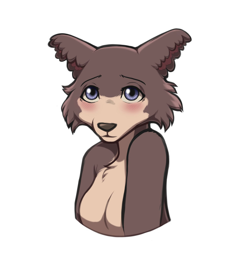 anthro blue_eyes blush breasts brown_body brown_fur female fur multicolored_body multicolored_fur simple_background solo two_tone_body two_tone_fur empaws beastars juno_(beastars) canid canine canis mammal wolf digital_media_(artwork) half-length_portrait hi_res portrait shaded