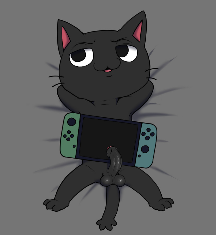 anthro balls black_body black_fur electronics erection foreskin fur game_console genitals half-closed_eyes hands_behind_head lying male narrowed_eyes nude on_back open_mouth penis relaxing solo spreading whiskers young young_anthro nivy_(artist) nintendo nintendo_switch the_gamercat gamercat_(character) domestic_cat felid feline felis mammal