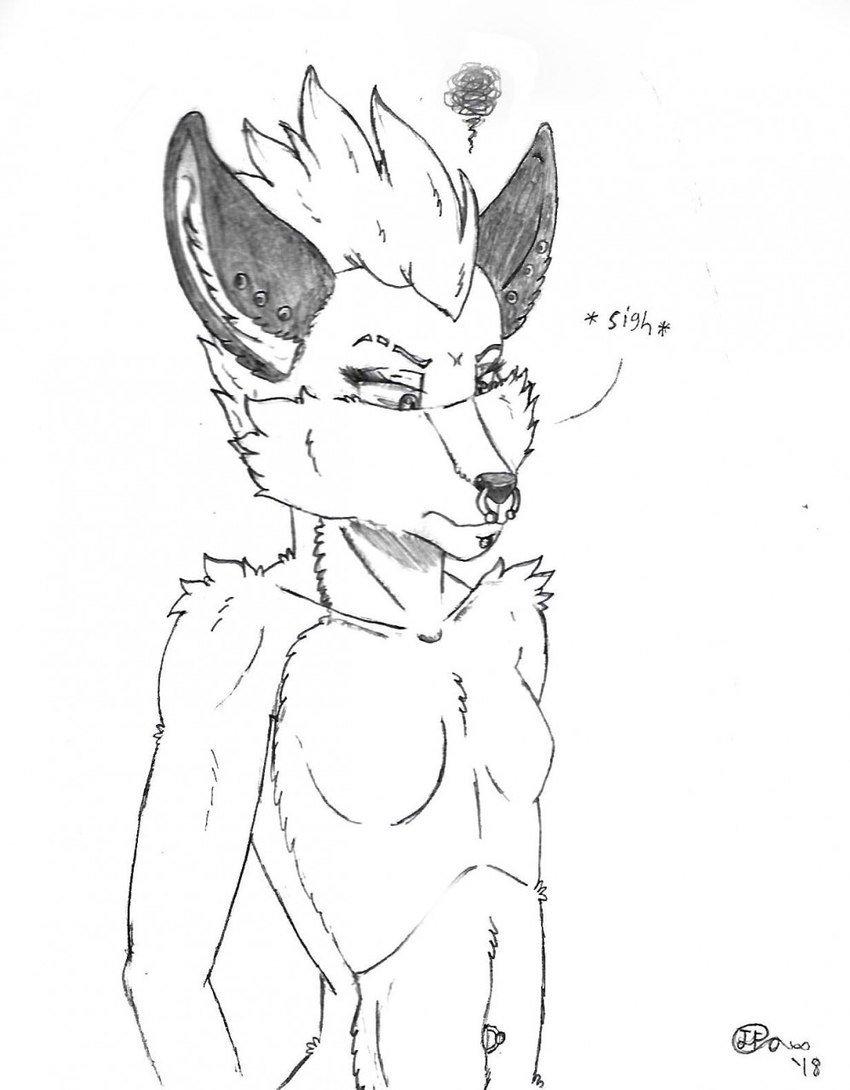 anthro breasts chin_piercing dialogue ear_piercing facial_piercing featureless_breasts female frown fur hair half-closed_eyes looking_down looking_down_at_self narrowed_eyes navel navel_piercing nose_piercing nose_ring nude piercing ring_piercing sigh sighing small_breasts solo standing text jimfoxx bubblegum_(jimfoxx) canid canine fox mammal 2018 english_text half-length_portrait hi_res portrait signature