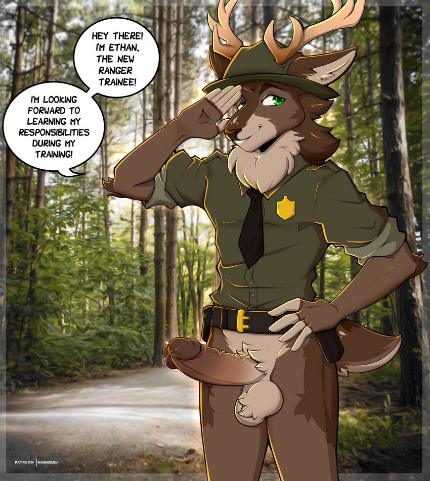 anthro antlers badge balls biped bottomless clothed clothing detailed_background dialogue erection genitals gesture green_eyes hat headgear headwear horn male necktie park_ranger penis ranger_hat salute smile solo speech_bubble text amazinggwen deer mammal 2023 absurd_res english_text hi_res