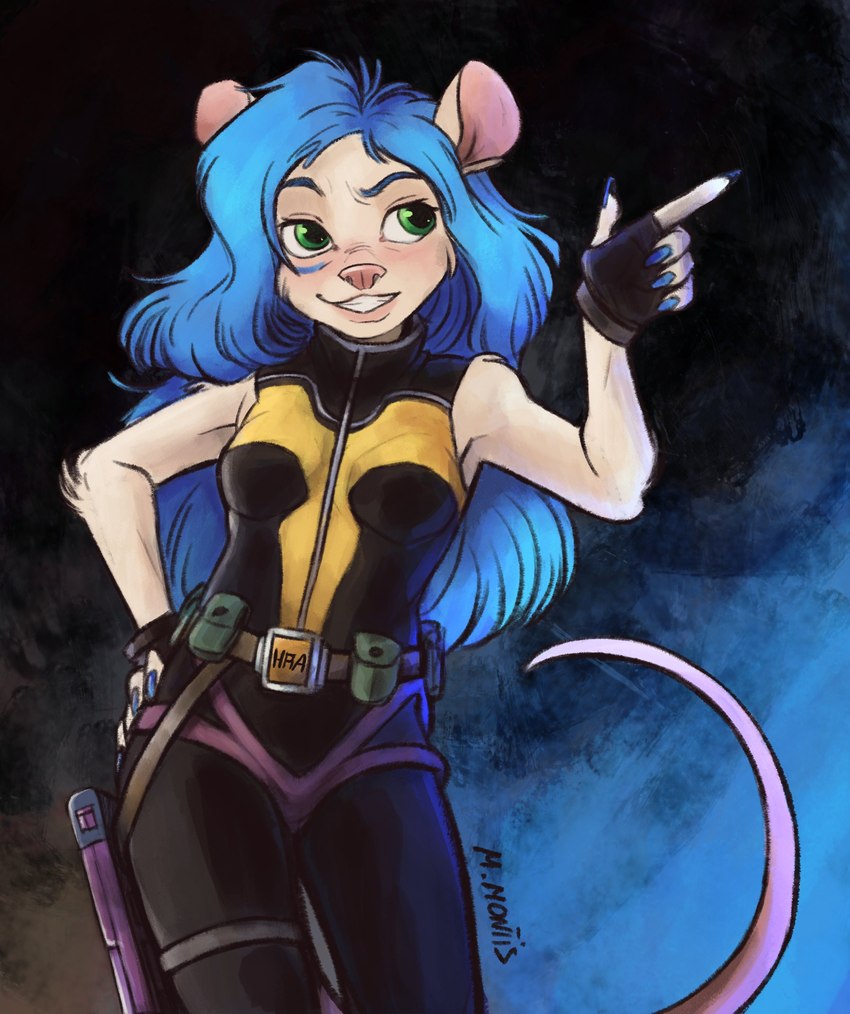 anthro belt blue_hair clothing colored_nails female fingerless_gloves gloves green_sclera hair handwear long_hair looking_away nails smile smirk solo tail utility_belt marcie_montis unnamed_character mammal murid murine rodent absurd_res hi_res portrait three-quarter_portrait watermark