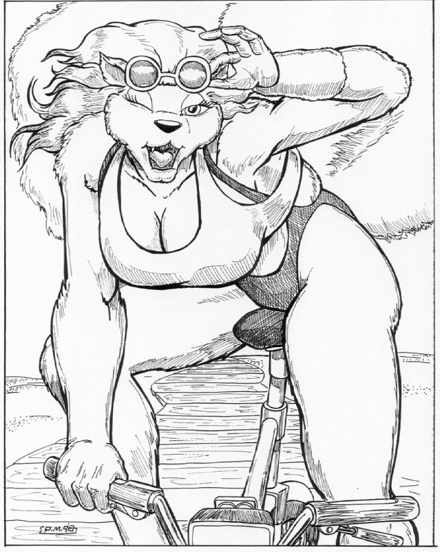 anthro beach bicycle big_breasts bikini biped blonde_hair breasts cleavage clothed clothing cycling eyelashes eyewear female flowing_hair fluffy fluffy_tail fur hair half-closed_eyes leotard long_hair long_tail looking_at_viewer narrowed_eyes one_eye_closed open_mouth outside pose sand seaside shirt sitting smile solo sunglasses swimwear tail tank_top tight_clothing topwear two-piece_swimsuit vehicle wink yellow_body yellow_fur oscar_marcus long-tailed_weasel mammal mustelid musteline true_musteline weasel 1998 greyscale monochrome pinup