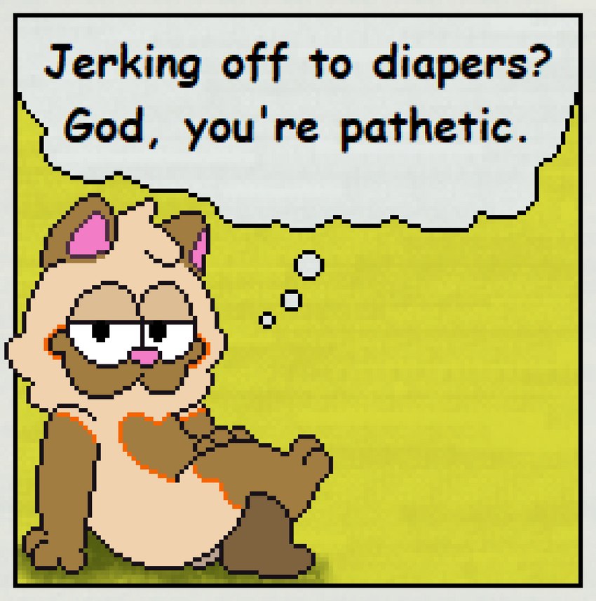 ambiguous_gender anthro breaking_the_fourth_wall bullying comic_panel crossed_legs dialogue half-closed_eyes hand_on_knee hand_on_leg judgement judgemental_look judging kink_shaming kinkshaming looking_at_viewer narrowed_eyes shadow shaming sitting smile smirk solo speech_bubble text thought_bubble harleyfunnycat alone_on_a_friday_night_(meme) garfield_(series) harley_(harleyfunnycat) domestic_cat felid feline felis mammal digital_media_(artwork) english_text hi_res microsoft_paint_(artwork) pixel_(artwork)