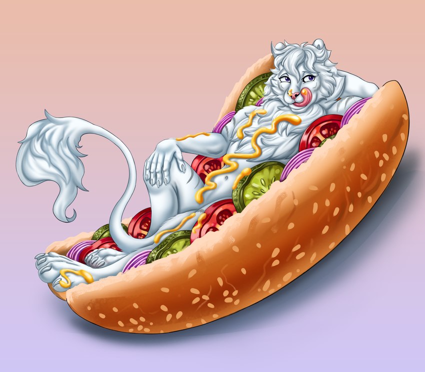 ambiguous_gender cooking_with_furs food food_fetish food_play fur hot_dog mane seductive solo stripes white_body white_fur yellow_body yellow_fur veronikairviz tass_(tassy) felid hybrid liger lion mammal pantherine absurd_res hi_res