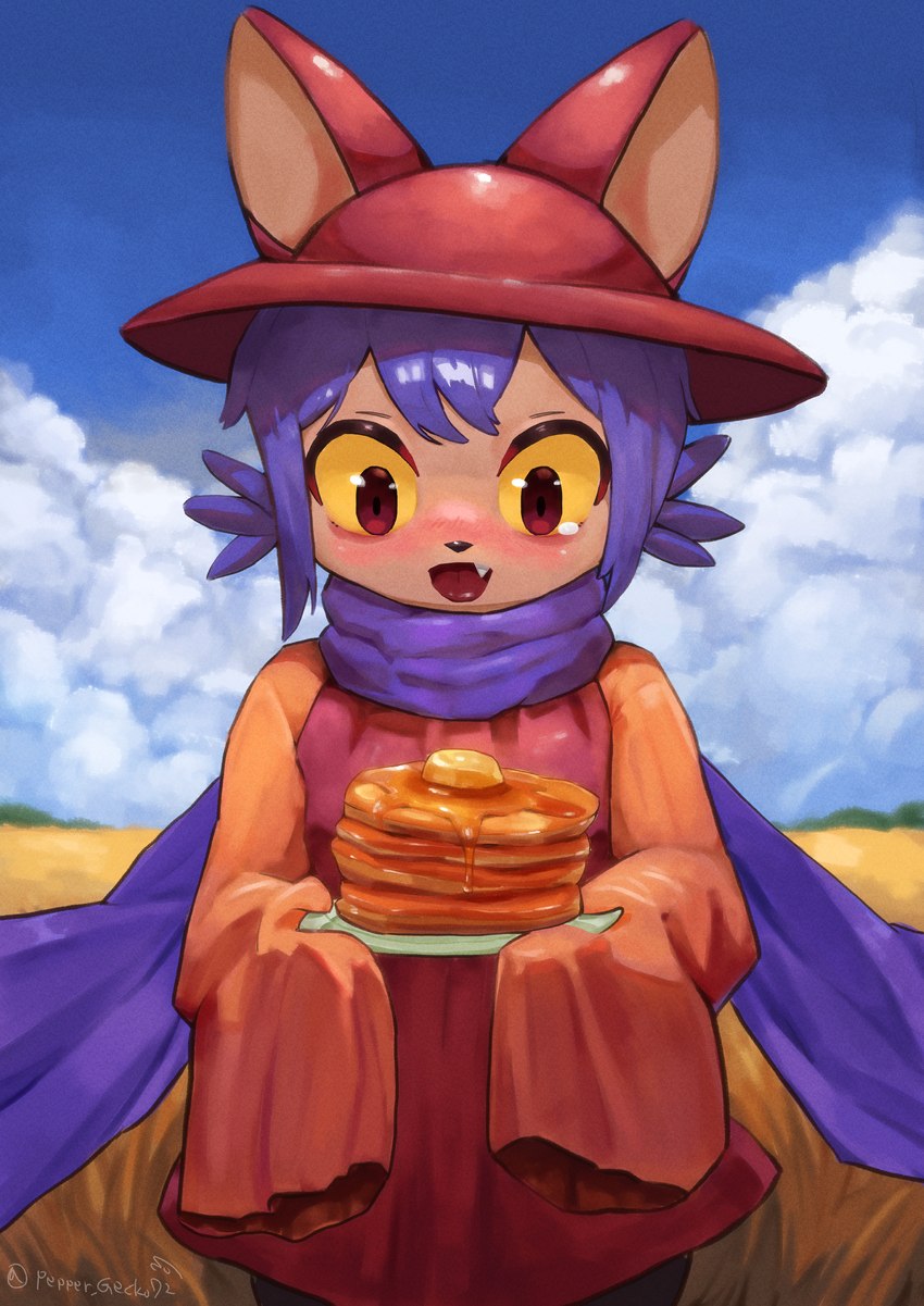 ambiguous_gender biped blush brown_eyes butter clothed clothing cloud cute_fangs dairy_products day dress excited fangs field food hair hat headgear headwear holding_food holding_object long_scarf long_sleeves looking_at_food looking_at_object open_mouth outside pancake plant plate purple_hair purple_scarf red_clothing red_dress scarf short_hair sky sleeves_past_fingers solo standing syrup teeth text tongue twitter_handle wheat yellow_sclera young young_humanoid peppergecko72 oneshot niko_(oneshot) animal_humanoid cat_humanoid felid felid_humanoid feline feline_humanoid humanoid mammal mammal_humanoid absurd_res artist_name english_text hi_res signature