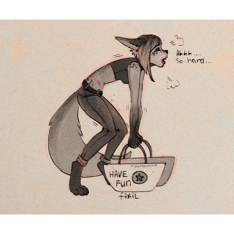 anthro clothed clothing female open_mouth solo standing teeth text tongue va_art canid canine mammal 1:1 2019 english_text letterbox traditional_media_(artwork)