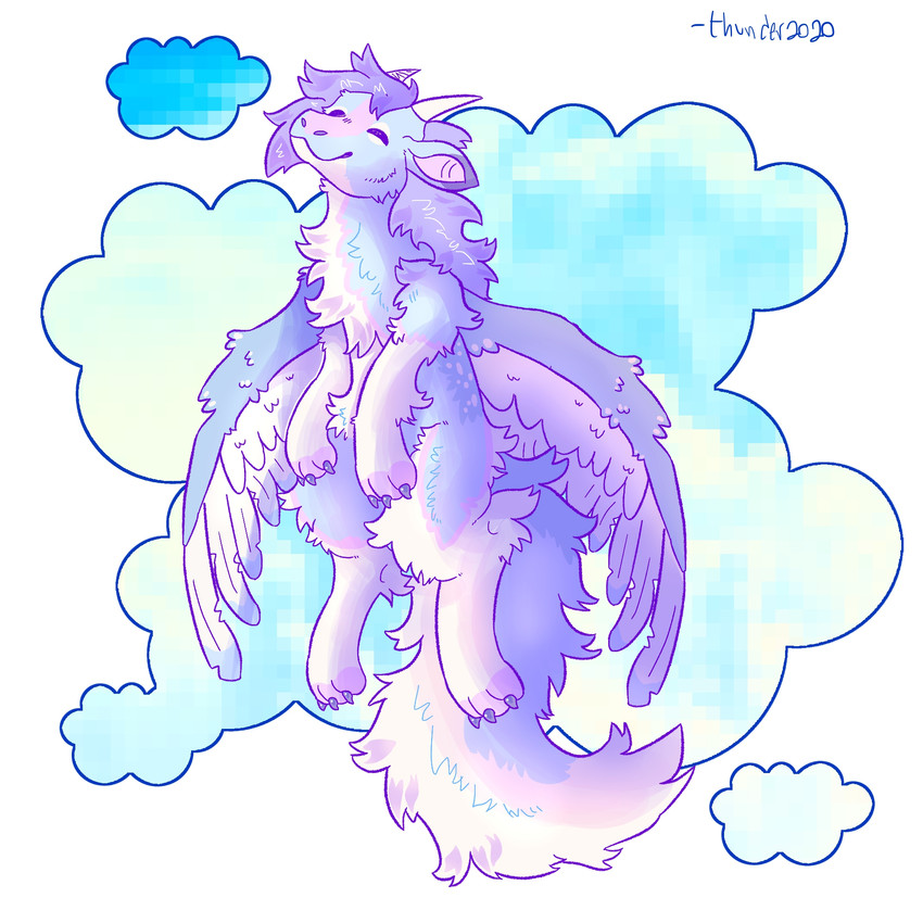 3_toes ambiguous_gender cloud eyes_closed feathered_wings feathers feet feral fluffy fluffy_tail fur hair happy horn markings pink_body pink_fur pink_markings purple_hair short_hair simple_background solo tail toes white_body white_feathers wings thunder4361 artfight2020 mythology oberyon dragon furred_dragon furred_scalie mythological_creature mythological_scalie scalie 1:1 hi_res pastel_theme male_(lore)