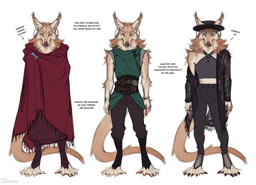 anthro clothed clothing male mane simple_background solo text lostgoose canid canine mammal 2024 english_text hi_res model_sheet