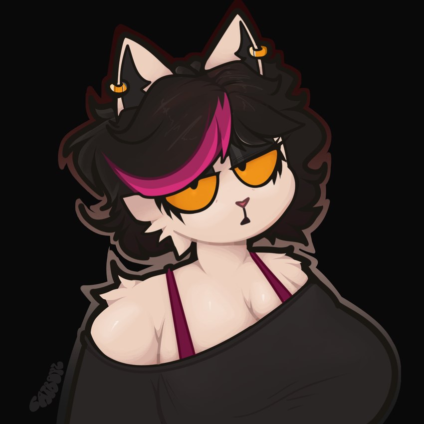 anthro black_hair breasts clothed clothing ear_piercing ear_ring female fur hair highlights_(coloring) looking_at_viewer oversized_clothing oversized_shirt oversized_topwear piercing ring_piercing shirt simple_background solo topwear white_body white_fur yellow_sclera catboyz deltarune undertale_(series) catti_(deltarune) domestic_cat felid feline felis mammal 1:1 digital_media_(artwork) headshot_portrait hi_res portrait