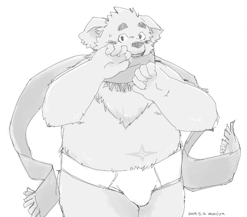 anthro belly blush clothing humanoid_hands male overweight overweight_anthro overweight_male scarf simple_background solo underwear moujya lifewonders tokyo_afterschool_summoners cu_sith_(tas) canid canine canis domestic_dog mammal 2019 hi_res monochrome