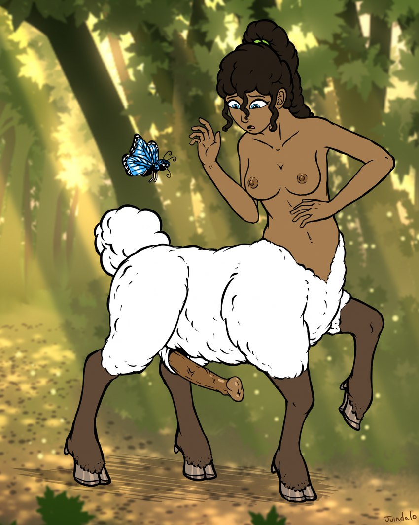 anatomically_correct anatomically_correct_genitalia anatomically_correct_penis animal_genitalia animal_penis areola blue_eyes breasts brown_areola brown_hooves brown_legs brown_nipples brown_penis caprine_penis cloven_hooves curled_hair dark_body dark_skin detailed_background erection eyebrows fur genitals green_hairband gynomorph hair high_ponytail hooves human_torso intersex nature nature_background navel nipples open_mouth penis plant ponytail raised_leg standing tree unguligrade white_body white_fur white_wool wool_(fur) juindalo peep_o'dolly penelope_o'dolly arthropod bovid bovid_taur butterfly caprine caprine_taur humanoid_taur insect lepidopteran mammal mammal_taur sheep sheep_taur taur artist_name colored hi_res