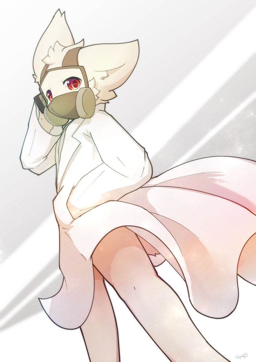 anthro big_ears biped bottomless bottomless_anthro bottomless_male cellphone cheek_tuft clothed clothing coat coat_only electronics facial_tuft fur gas_mask glistening glistening_eyes hand_in_pocket head_tuft holding_cellphone holding_object holding_phone holding_smartphone kemono lab_coat looking_at_viewer male mask monotone_body monotone_fur monotone_tail one_ear_up phone pockets pupils red_eyes red_pupils side_view simple_background smartphone solo standing tail topwear topwear_only tuft upskirt white_background white_body white_ears white_fur white_tail popkage changed_(video_game) dr._k_(changed) canid canine canis mammal 2021 colored digital_media_(artwork) hi_res portrait shaded three-quarter_portrait