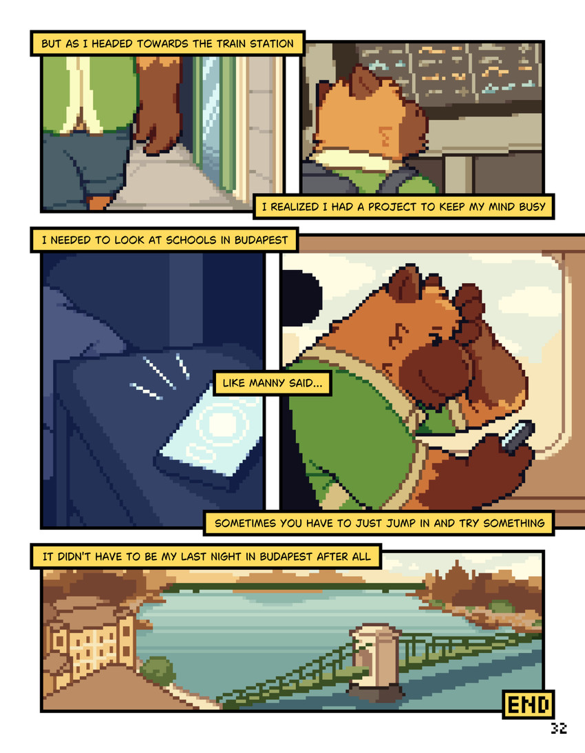 anthro brown_body brown_fur clothed clothing detailed_background electronics fur holding_object holding_phone male outside overweight overweight_anthro overweight_male phone smile solo text conditional_dnp mabit gabe_(mabit) capybara caviid mammal rodent 2026 comic digital_media_(artwork) english_text hi_res pixel_(artwork)