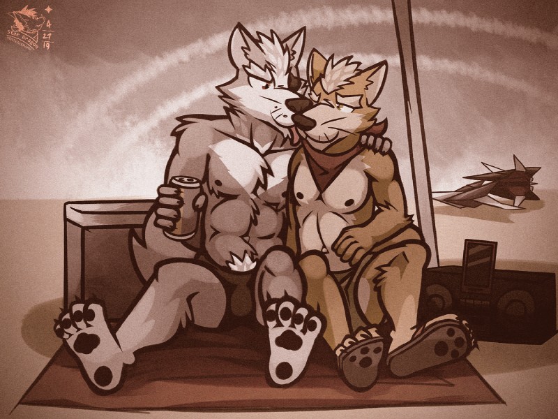 anthro arwing barefoot beach duo feet licking male male/male nipples paws pubes romantic romantic_couple scar seaside tongue tongue_out whiskers ventkazemaru nintendo star_fox fox_mccloud wolf_o'donnell wolfen canid canine canis fox mammal wolf 4:3