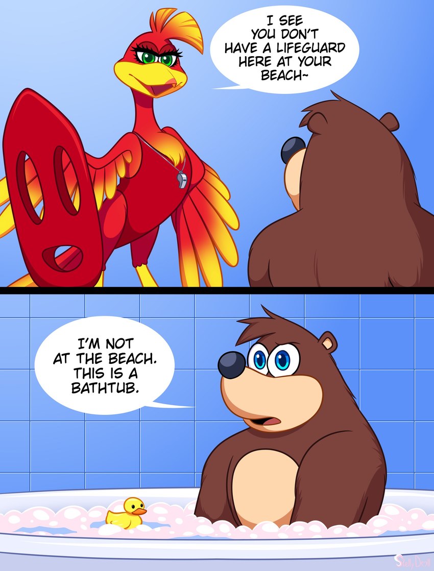 anthro bathtub bubble_bath clothing dialogue duo female feral lifeguard lifeguard_swimsuit male one-piece_swimsuit red_one-piece_swimsuit rubber_duck speech_bubble swimwear text whistle_(object) skelly_doll banjo-kazooie i'm_not_at_the_beach_this_is_a_bathtub rareware banjo_(banjo-kazooie) kazooie avian bear bird mammal absurd_res english_text hi_res meme