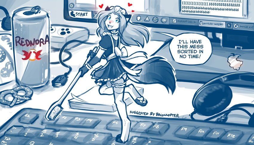 4_toes accessory anthro apron beverage beverage_can brush clothed clothing computer_keyboard dialogue digitigrade dress electronics energy_drink feet female food garter headphones heart_symbol holding_brush holding_object holding_toothbrush keyboard legwear looking_at_viewer looking_back looking_back_at_viewer maid_uniform micro micro_anthro monitor on_one_leg open_mouth open_smile panties pawpads pretzel_(food) smile solo standing talking_to_viewer text thigh_highs toeless_legwear toes toothbrush underwear uniform usb_cable conditional_dnp tom_fischbach twokinds laura_(twokinds) canid canine fox keidran mammal 2024 7:4 adobe_photoshop_(artwork) digital_media_(artwork) english_text hi_res monochrome sketch spot_color