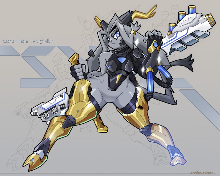 anthro antlers armor armored_boots armored_gloves bangs biped blue_eyes bottomless clothed clothing dream_breaker_(pseudoregalia) featureless_crotch female fingerless_gloves fur gloves gold_(metal) gold_armor gold_jewelry grey_body grey_fur handwear holding_object holding_weapon horn jewelry melee_weapon science_fiction solo tail text thick_thighs weapon ishiexe pseudoregalia sybil_(pseudoregalia) bovid caprine goat jackalope lagomorph leporid mammal rabbit absurd_res english_text hi_res