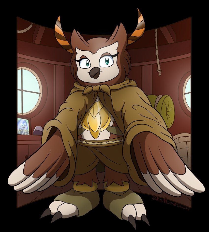 anthro avian_feet beak biped black_beak brown_body brown_cloak brown_clothing cloak clothed clothing countershade_face countershading feathered_wings feathers feet female front_view inside looking_at_viewer solo standing talons toes winged_arms wings shadowwalk sega sonic_the_hedgehog_(film) sonic_the_hedgehog_(series) longclaw_(sonic) avian bird owl 2023 absurd_res alpha_channel full-length_portrait hi_res portrait