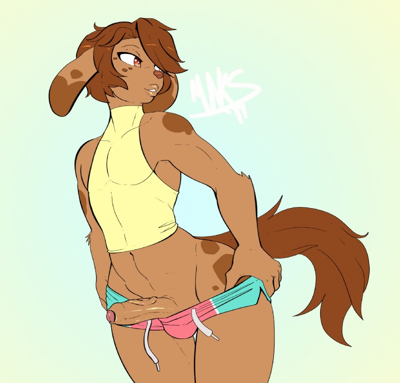 anthro bulge clothed clothing crossdressing erection femboy foreskin genitals humanoid_genitalia humanoid_penis looking_back male navel penis smile solo standing tight_clothing undressing vein wide_hips munkeesgomu marty_(onta) canid canine canis domestic_dog mammal hi_res