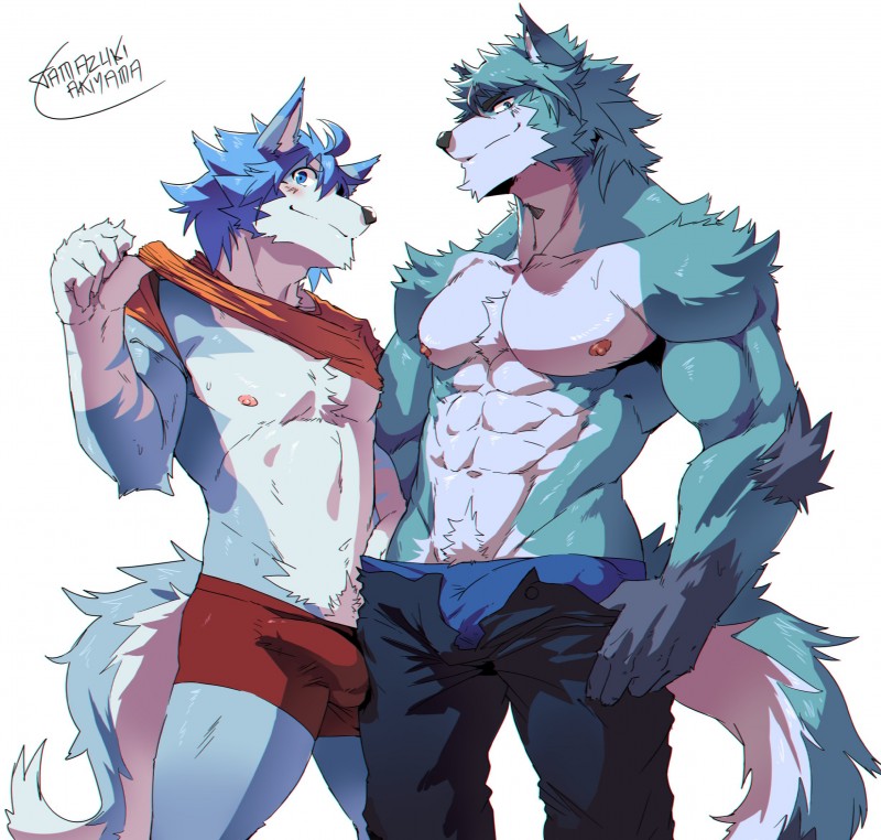 5_fingers abs anthro biceps black_nose blue_body blue_eyes blue_fur blush bottomwear bulge clothed clothing clothing_lift detailed_bulge duo fingers fur genital_outline kemono looking_at_viewer male multicolored_body multicolored_fur muscular muscular_male nipples pants pecs penis_outline shirt shirt_lift simple_background smile standing three-quarter_view topless topwear two_tone_body two_tone_fur underwear undressing white_background white_body white_fur tamazuki_akiyama canid canine canis mammal wolf 2018 hi_res portrait three-quarter_portrait