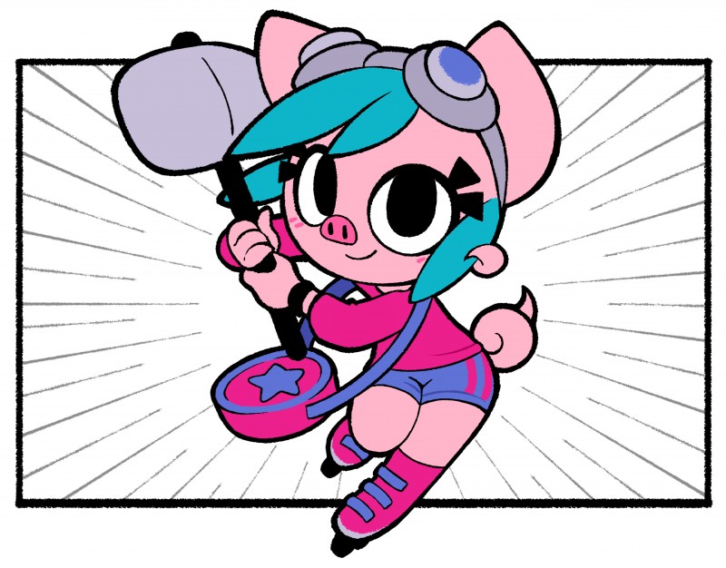 clothed clothing cosplay ear_tails inline_skates pink_body pink_skin roller_skates solo toony wig conditional_dnp gaturo scott_pilgrim_(series) mina_(gaturo) ramona_flowers domestic_pig mammal suid suine sus_(pig) hi_res