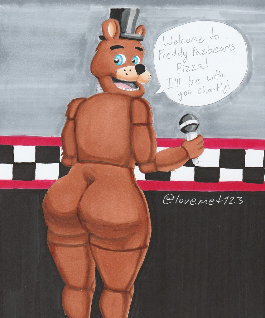 big_butt blue_eyes brown_body brown_fur butt checkered checkered_wall clothing electronics fur hat headgear headwear machine male microphone pizzeria small_tail smile solo tail top_hat lovemet123_(lovemet_room) five_nights_at_freddy's scottgames freddy_(fnaf) animatronic bear mammal robot 2023 hi_res traditional_media_(artwork)