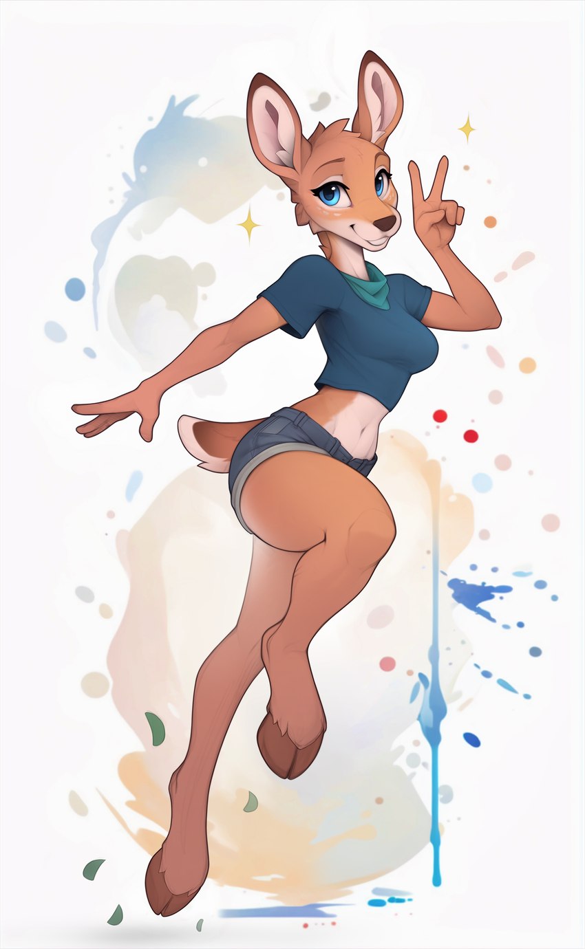 anthro biped blue_bottomwear blue_clothing blue_crop_top blue_eyes blue_shirt blue_shorts blue_topwear bottomwear breasts brown_body brown_fur clothed clothing cloven_hooves countershade_fur countershading crop_top eyebrows eyelashes female fingers flat_stomach fur gesture hand_gesture hooves inner_ear_fluff looking_at_viewer medium_breasts midriff navel scut_tail shirt short_tail shorts simple_background small_waist smile solo sparkles tail tan_body tan_fur topwear tuft v_sign yakovlev-vad iris_(felteres) deer mammal 2024 absurd_res full-length_portrait hi_res portrait shaded