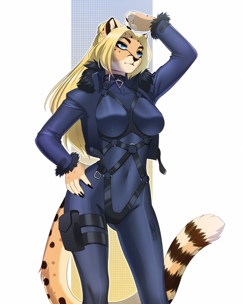 5_fingers anthro black_bodysuit black_clothing black_collar black_jacket black_skinsuit black_spots black_topwear blonde_hair blue_eyes bodysuit breasts clothed clothing collar female fingers fur fur_trim_(clothing) hair hand_on_hip jacket leg_pouch markings medium_breasts open_clothing open_jacket open_topwear simple_background skinsuit solo spots spotted_body spotted_fur standing straps_across_chest tight_clothing topwear yellow_body yellow_fur amur lena_fluffy_(character) cheetah felid feline mammal 2023 hi_res